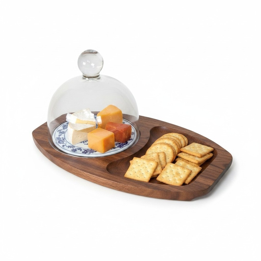 VTG MCM Dolphin Monkey Pod Wood Cheese Tray Cloche Glass Dome Tile Philippines
